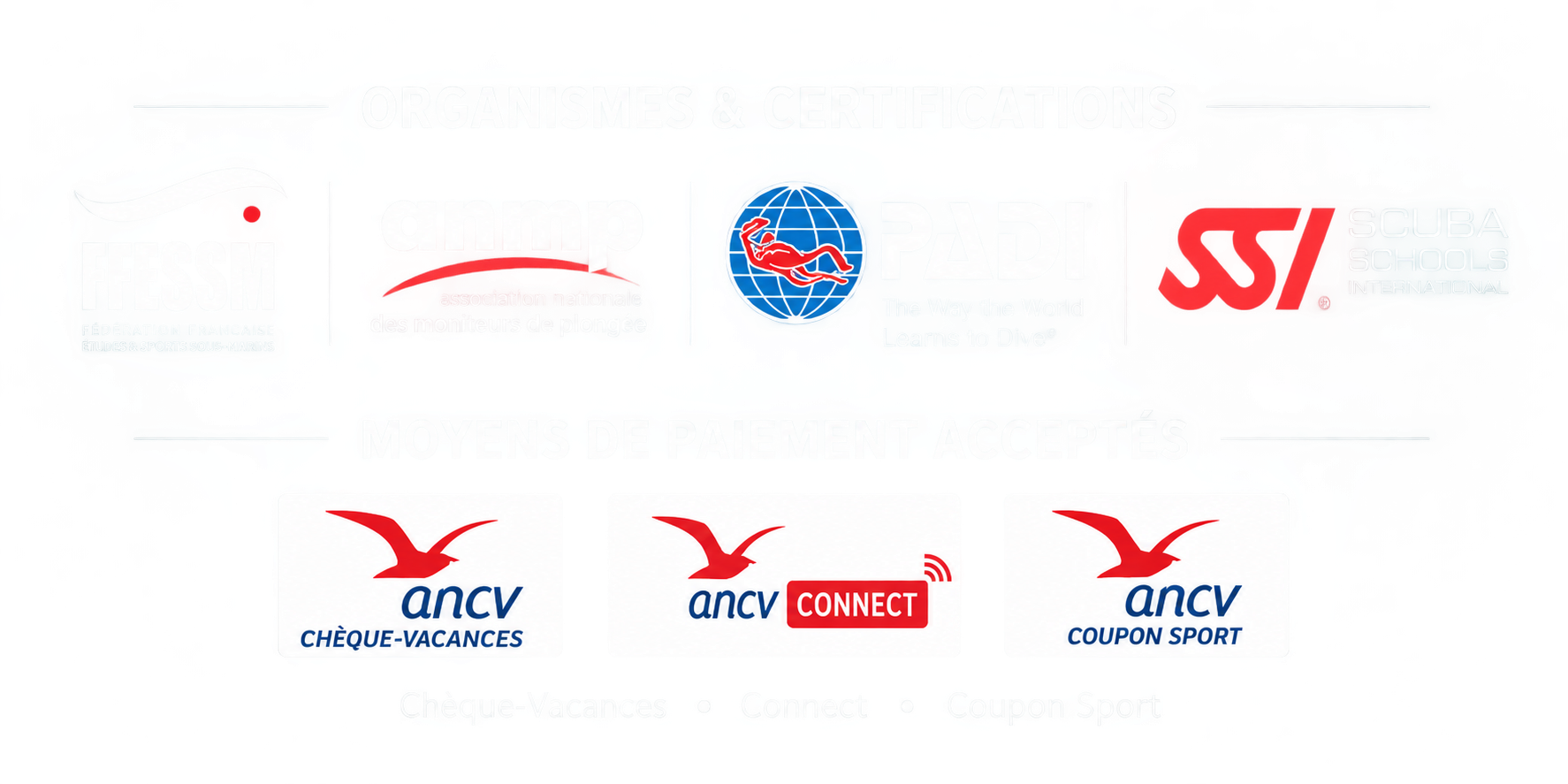 Organismes et certifications FFESSM ANMP PADI SSI - Moyens de paiement ANCV